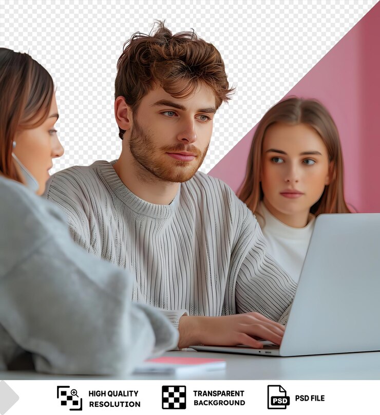 PSD amazing working process young adult elegant man typing on laptop sitting at table in office and woman opposite with back to camera png psd