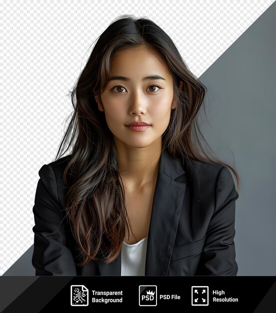 PSD amazing young businesswoman in suit sits in a black chair against a gray and white wall wearing a white shirt and brown hair with a hand visible in the foreground png