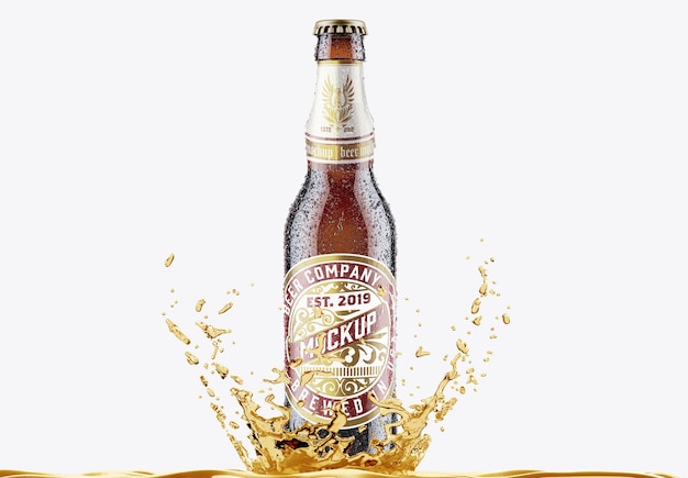 新鮮な滴とスプラッシュ モックアップ 3 D レンダリングの琥珀色のビール瓶