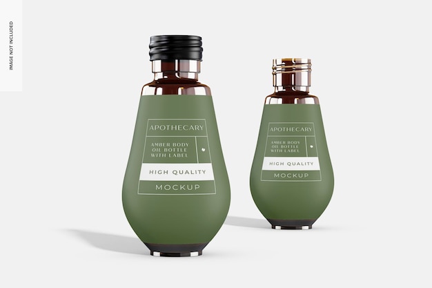 Amber body oil bottles with label mockup, perspective