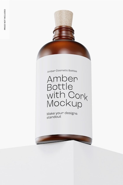 Amber bottle with cork mockup, low angle view