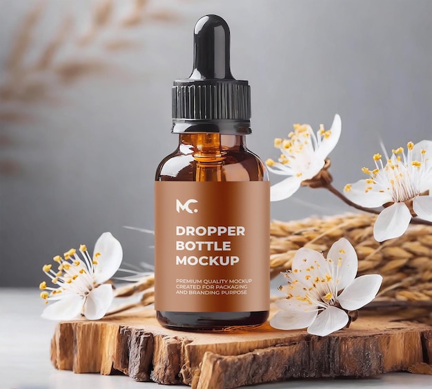 amber cosmetic dropper bottle mockup design