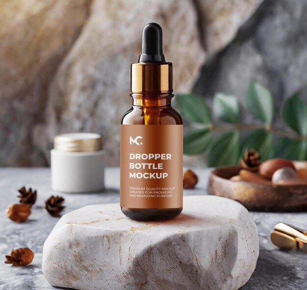 Amber cosmetic dropper bottle mockup design