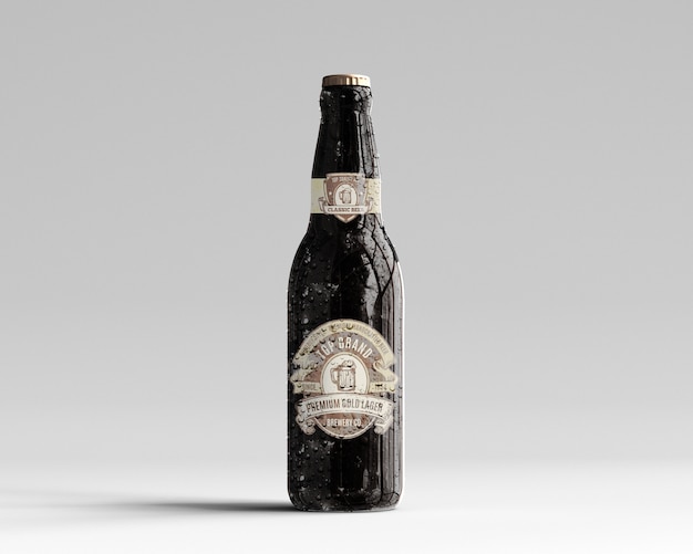 Mockup di bottiglia di birra vetro ambrato con gocce d'acqua - vista frontale