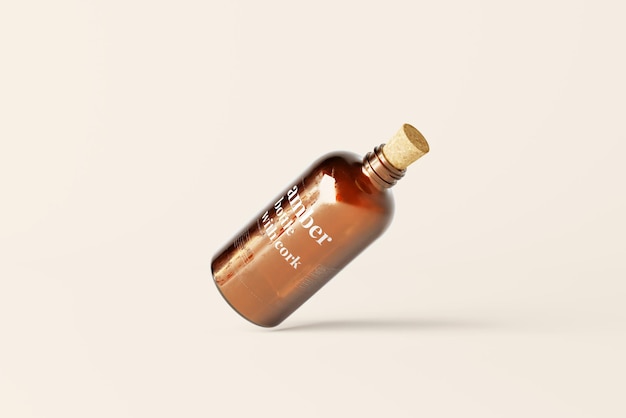 PSD bottiglia di vetro ambrato con scene di mockup con tappo in sughero
