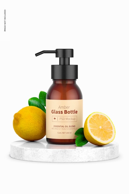 Amber glass bottle with pump mockup, on surface