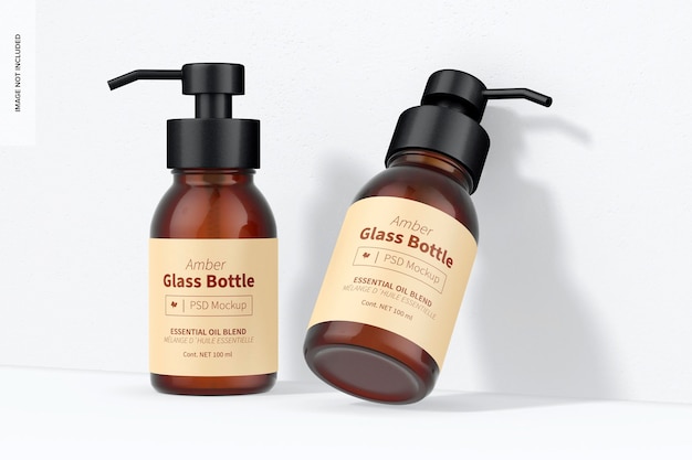 Amber glass bottles with pump mockup, perspective