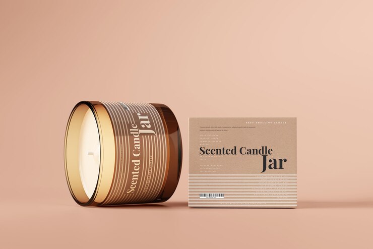 PSD amber glass candle and box mockup