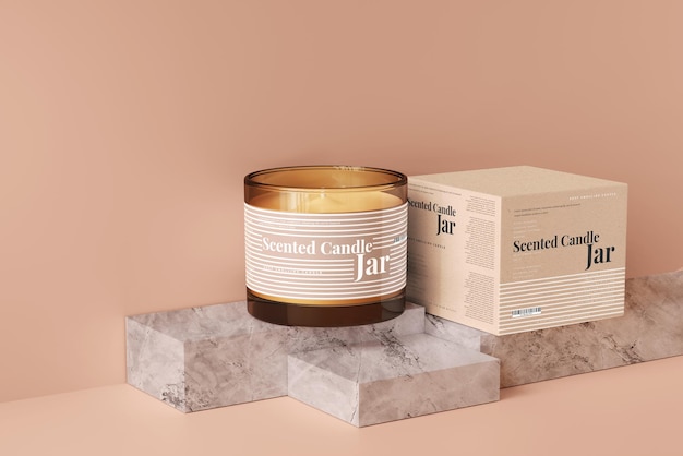 Mockup di candela e scatola in vetro ambrato