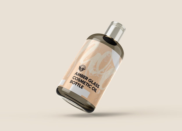 Mockup di bottiglia di olio cosmetico in vetro ambrato