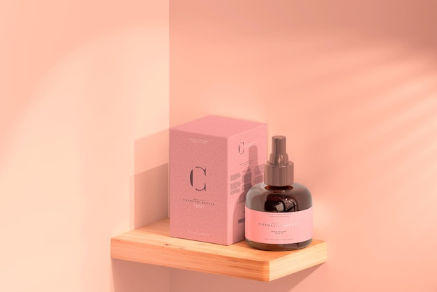 Amber Glass Cosmetic Spray Bottle and Box Mockup