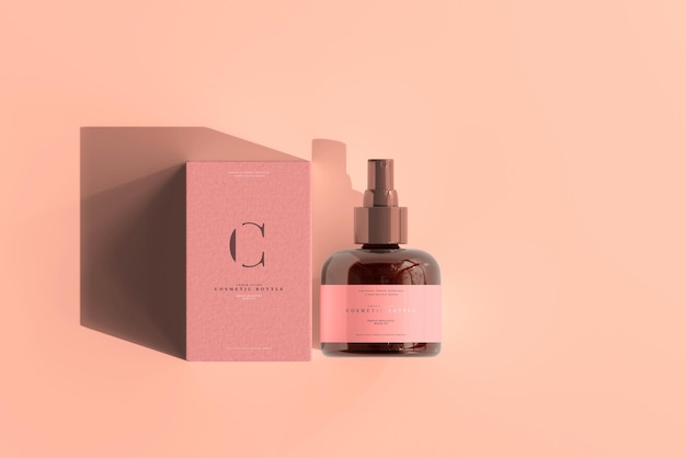 Mockup di flacone spray cosmetico in vetro ambrato e scatola