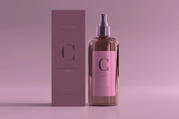 Mockup di flacone spray cosmetico in vetro ambrato e scatola