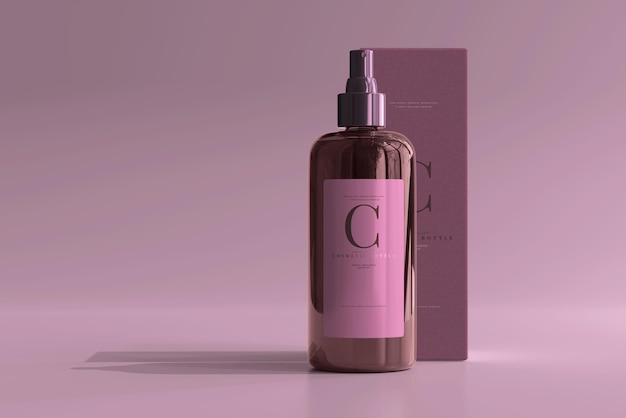 Mockup di flacone spray cosmetico in vetro ambrato e scatola