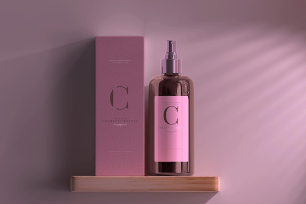 Mockup di flacone spray cosmetico in vetro ambrato e scatola