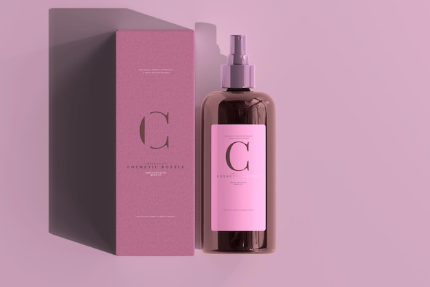 Mockup di flacone spray cosmetico in vetro ambrato e scatola