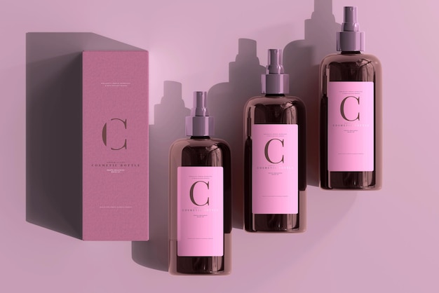 Mockup di flacone spray cosmetico in vetro ambrato e scatola