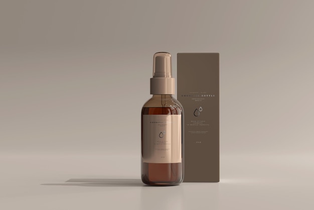 Flacone spray cosmetico in vetro ambrato con scatola mockup