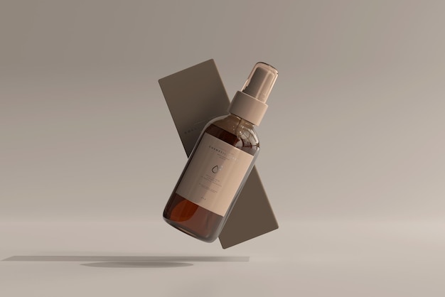 Flacone spray cosmetico in vetro ambrato con scatola mockup