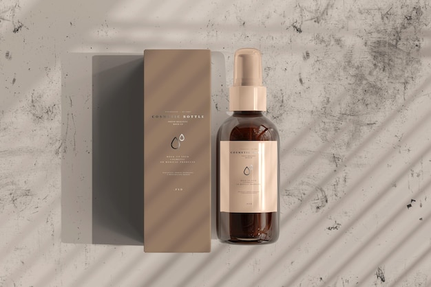 Flacone spray cosmetico in vetro ambrato con scatola mockup