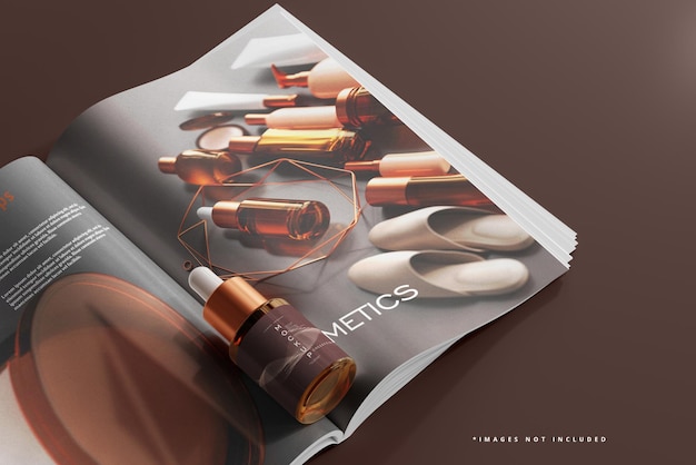 Amber glass dropper bottle and magazine mockup