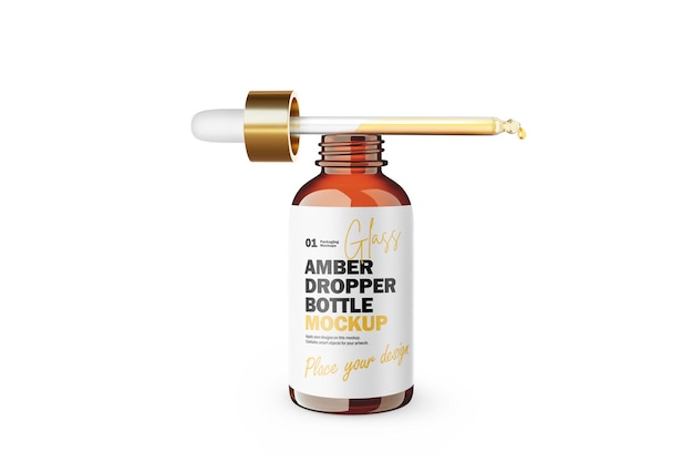 PSD amber glass dropper bottle with oil and gold lid psd mockup