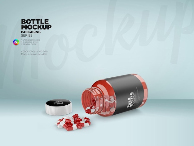 PSD mockup di bottiglia medica in plastica di vetro ambrato