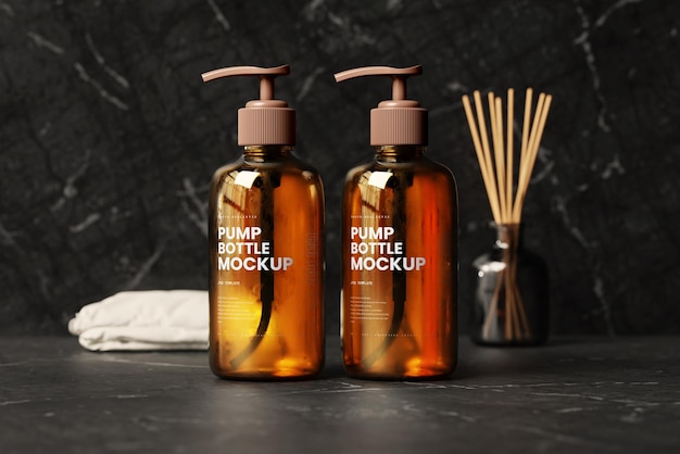 Amber glass pump bottle mockups with bathroom background setup
