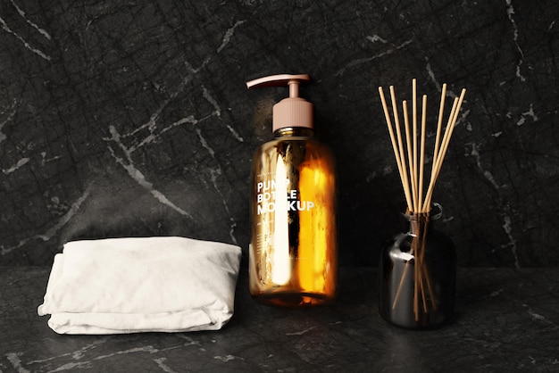 PSD amber glass pump bottle mockups with bathroom background setup