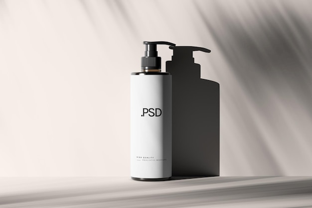Amber Glass Slim Pump Bottle Mockups z cieniami