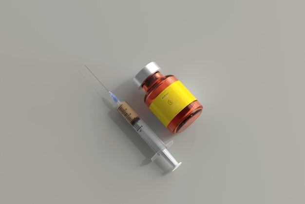 Amber Glass Vial Mockup with Syringe