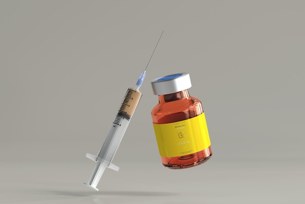amber glass vial mockup with syringe