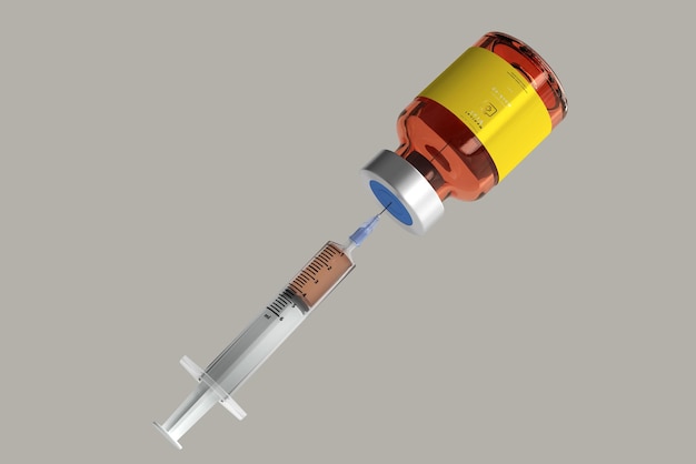 Amber glass vial mockup with syringe