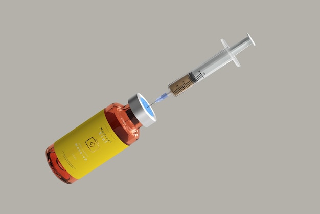 Amber glass vial mockup with syringe