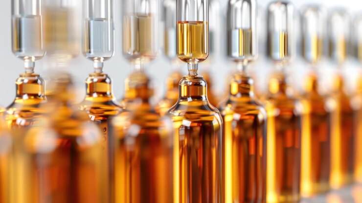 PSD amber glass vials filling on automated production line
