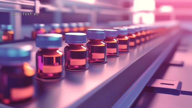 PSD amber glass vials move along a pharmaceutical production line conveyor belt