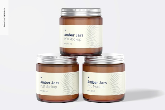 Amber jars with metallic cap mockup, front view