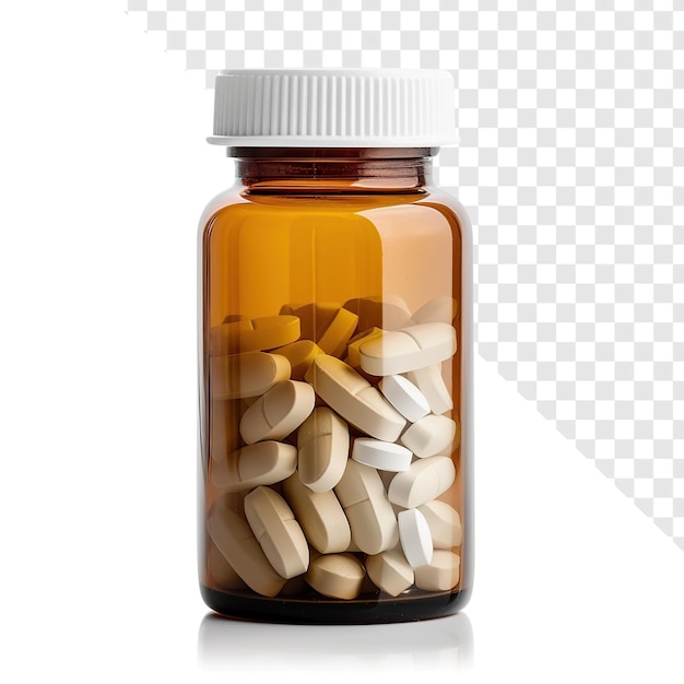 PSD amber supplement fles met witte tabletten geïsoleerd op doorzichtige achtergrond