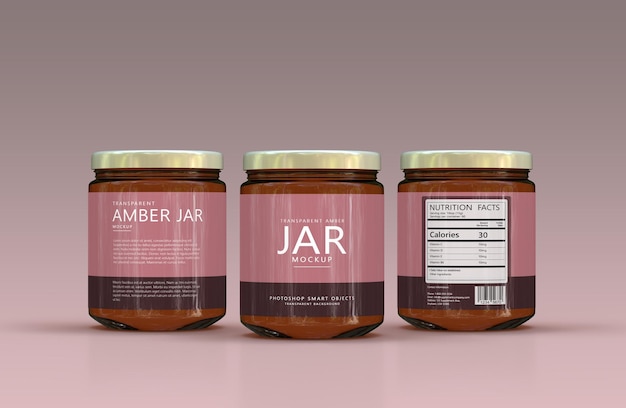 Amberkleurig glazen jampot mockup met volledig label