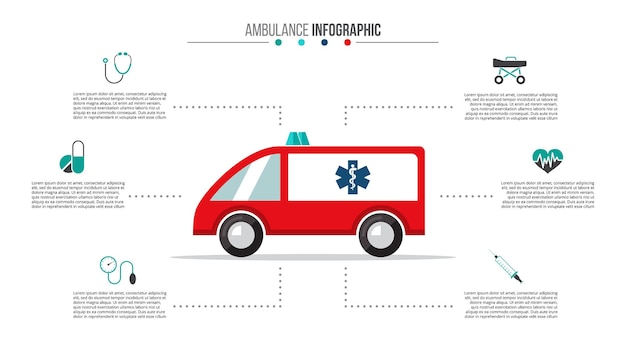 PSD infografica ambulanza modello medico e sanitario per la presentazione con 6 passaggi