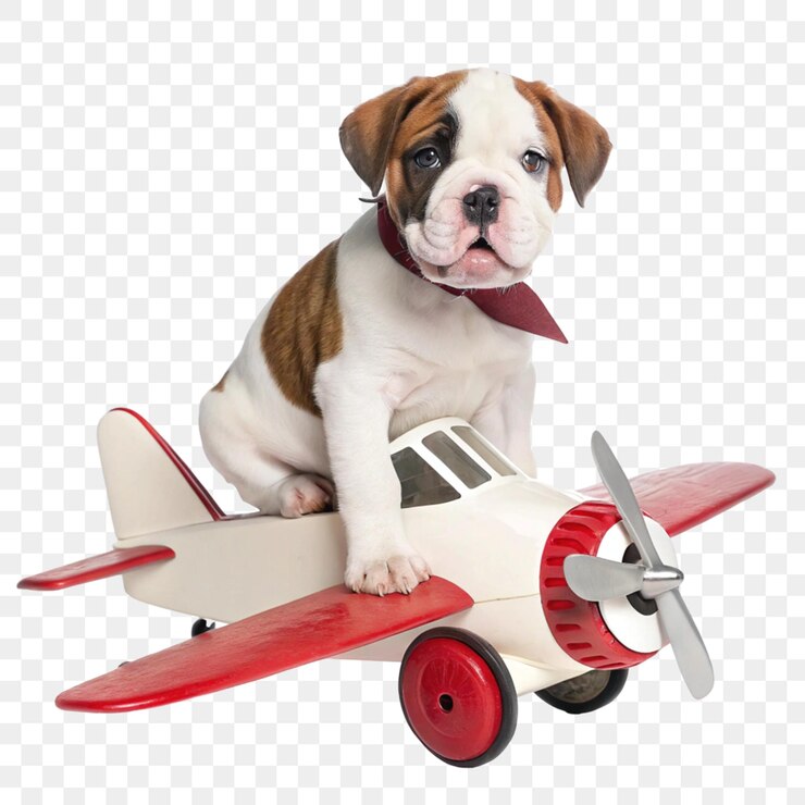 PSD american bulldog puppy on a toy airplane isolated on transparent background