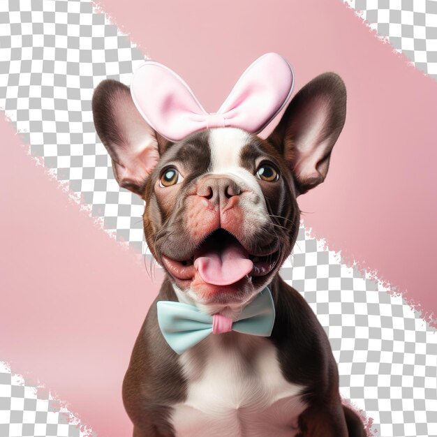 American bully with rabbit ears stands on a transparent background looking surprised and elegant mouth open glancing sideways