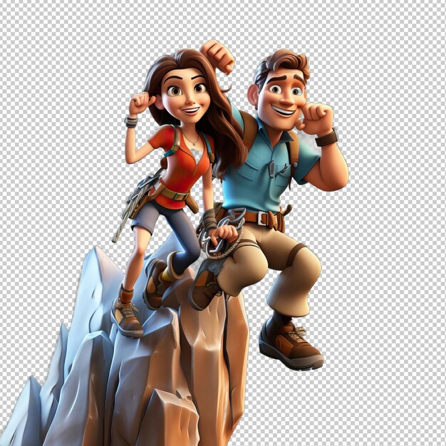 PSD american couple climbing 3d cartoon stijl doorzichtige achtergrond