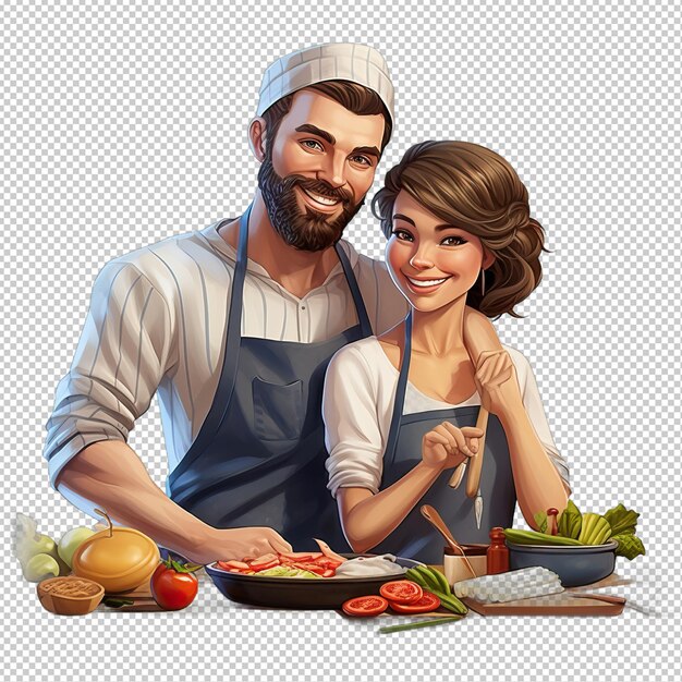 PSD american couple cooking 3d sullo sfondo trasparente in stile cartone animato