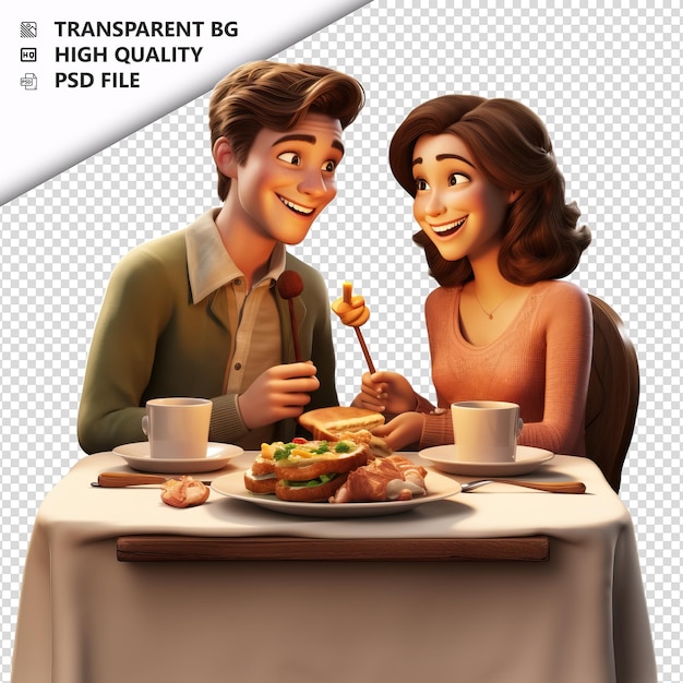 PSD american couple dining 3d in stile cartone animato sullo sfondo bianco