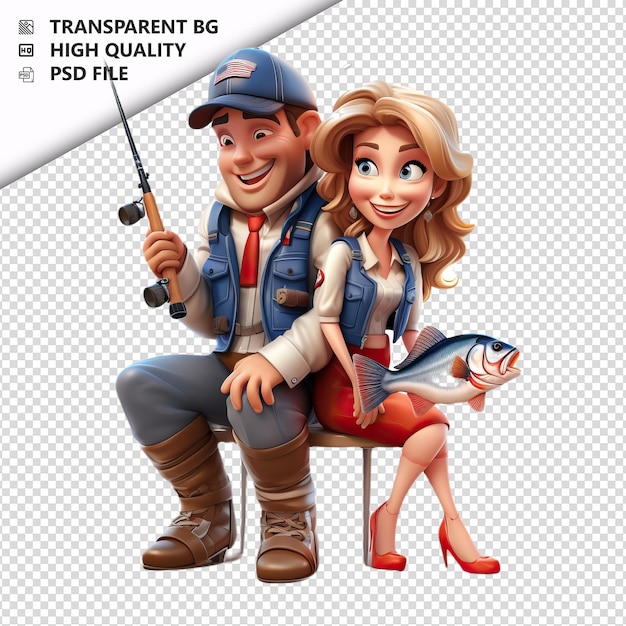 PSD american couple fishing 3d cartoon style white background