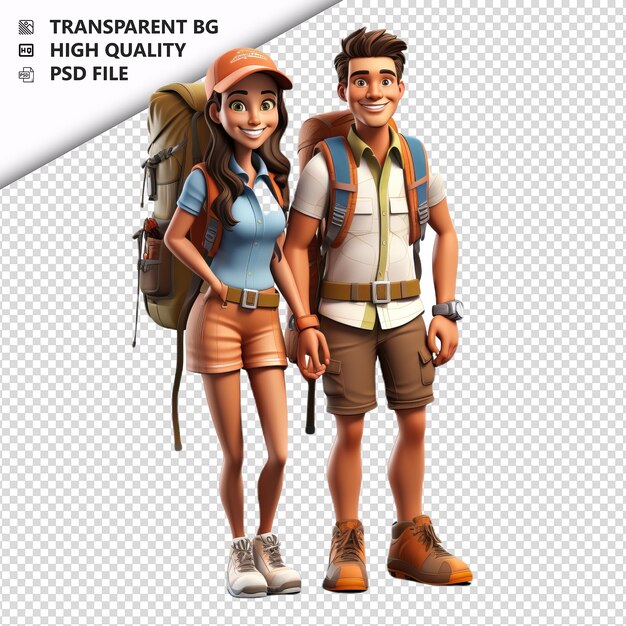 PSD american couple hiking 3d cartoon stijl witte achtergrond