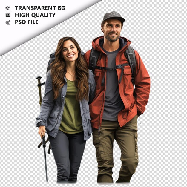 American couple hiking ultra realistic style white backgr