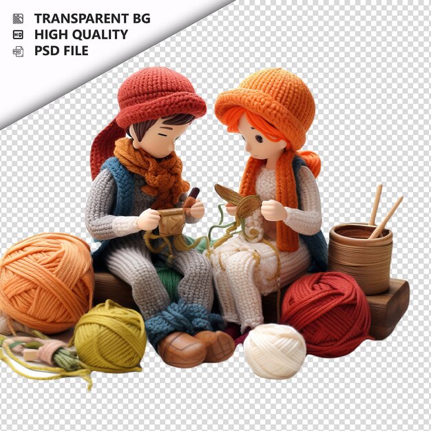 PSD american couple knitting 3d cartoon style white backgroun