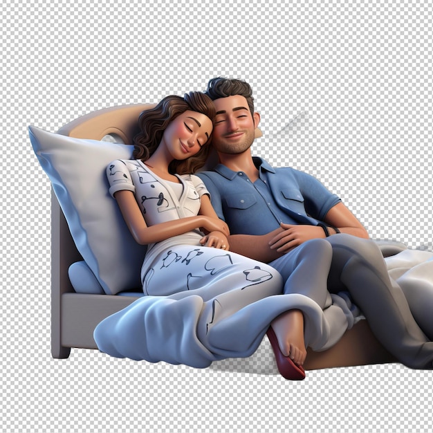 PSD american couple napping 3d cartoon style transparent background